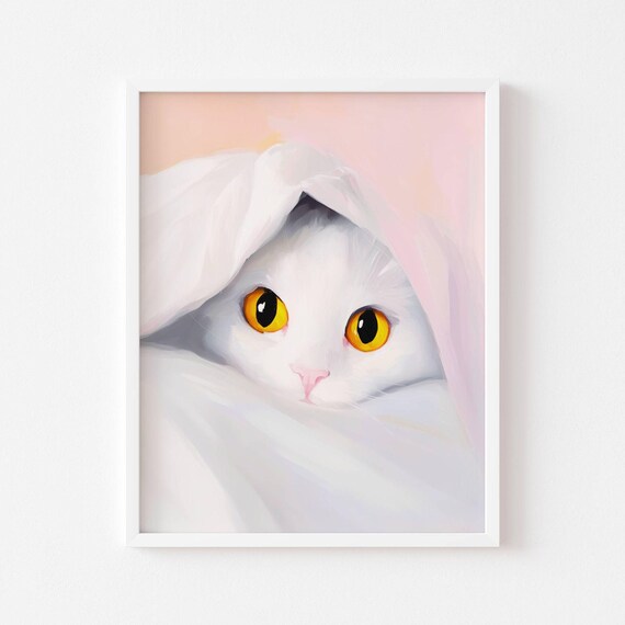 White Cat Under Soft Blanket With Big Amber Eyes Kitty Poster