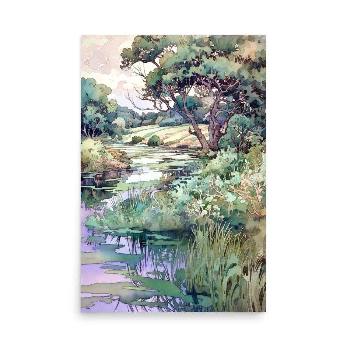 Lush Green Pond Under Tall Trees Watercolor Landscape Poster - Image 5