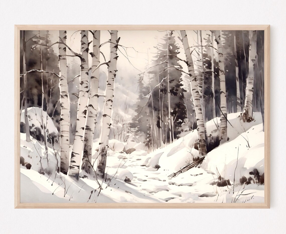 Snowy Aspen Grove Winter Forest Snow Drifts Watercolor Art Poster