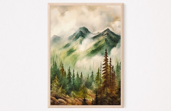 Mountain Landscape Watercolor Neutral Wall Art Panoramic Landscape Minimalist Wall Art Mountains Painting Green Nature Art Print