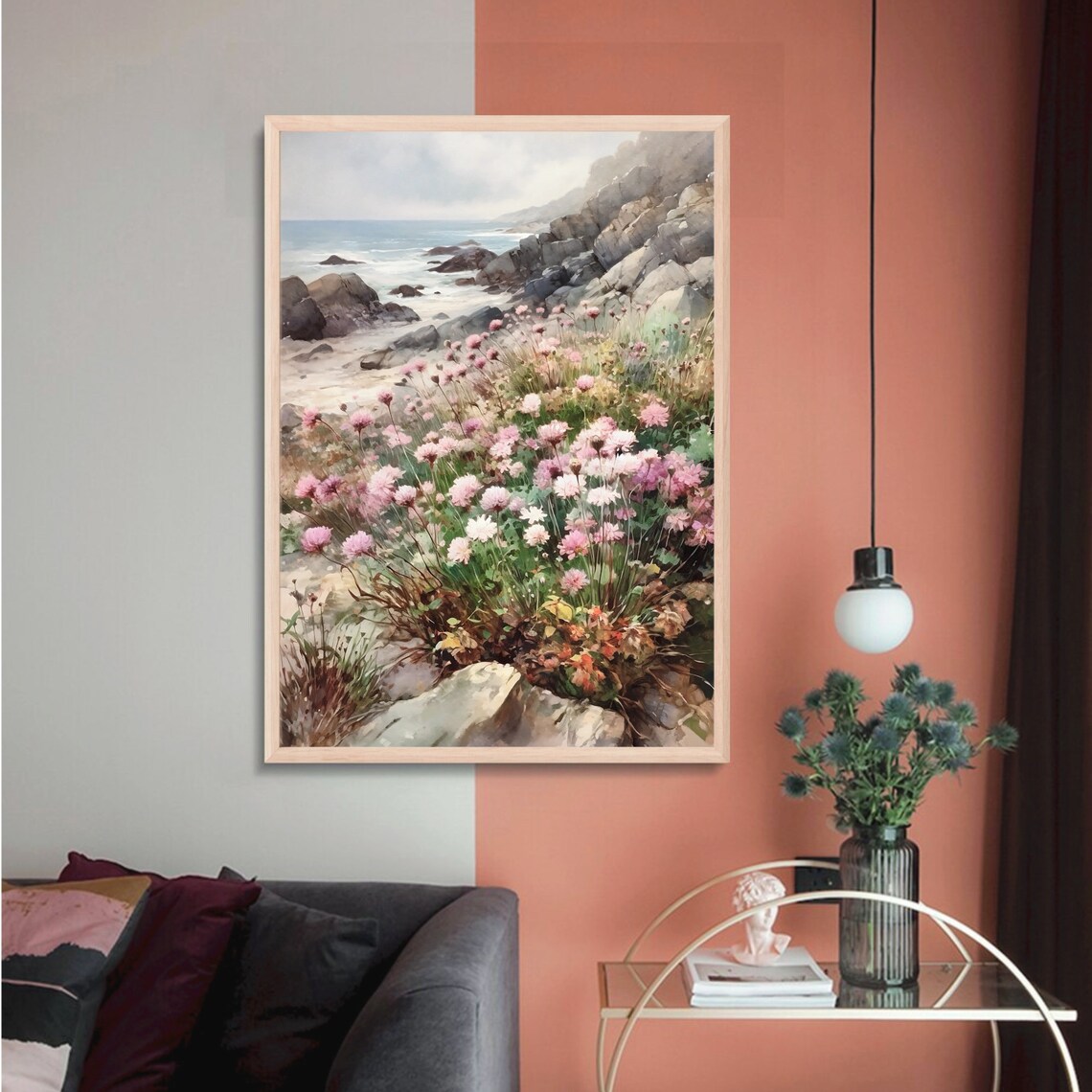 Rocky Coastline Pink Wildflowers Ocean Waves Watercolor Nature Poster - Image 3