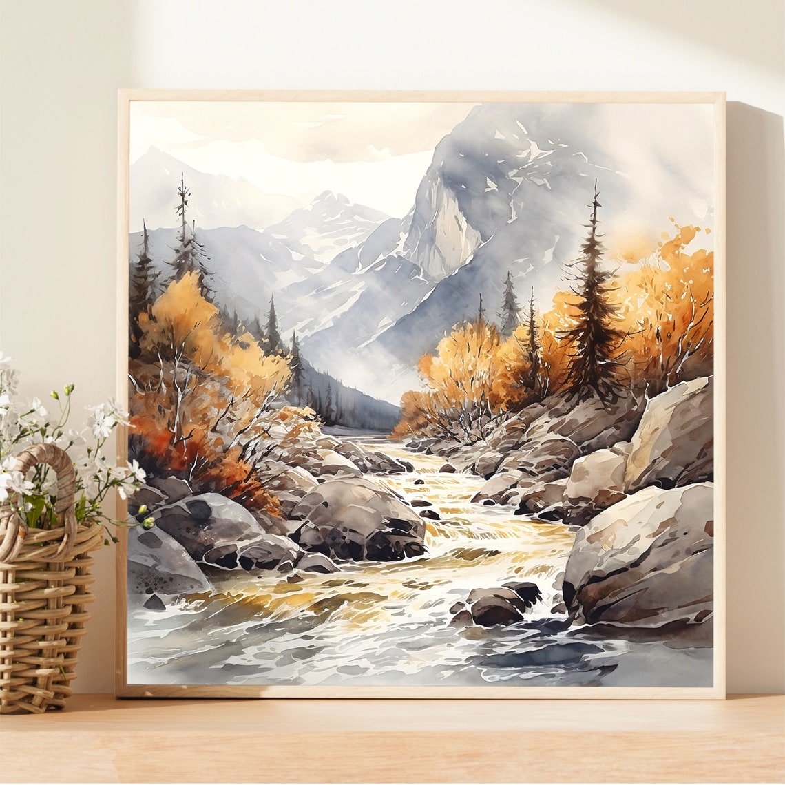 Mountain Stream Autumn Foliage Boulders Misty Watercolor Poster - Image 2