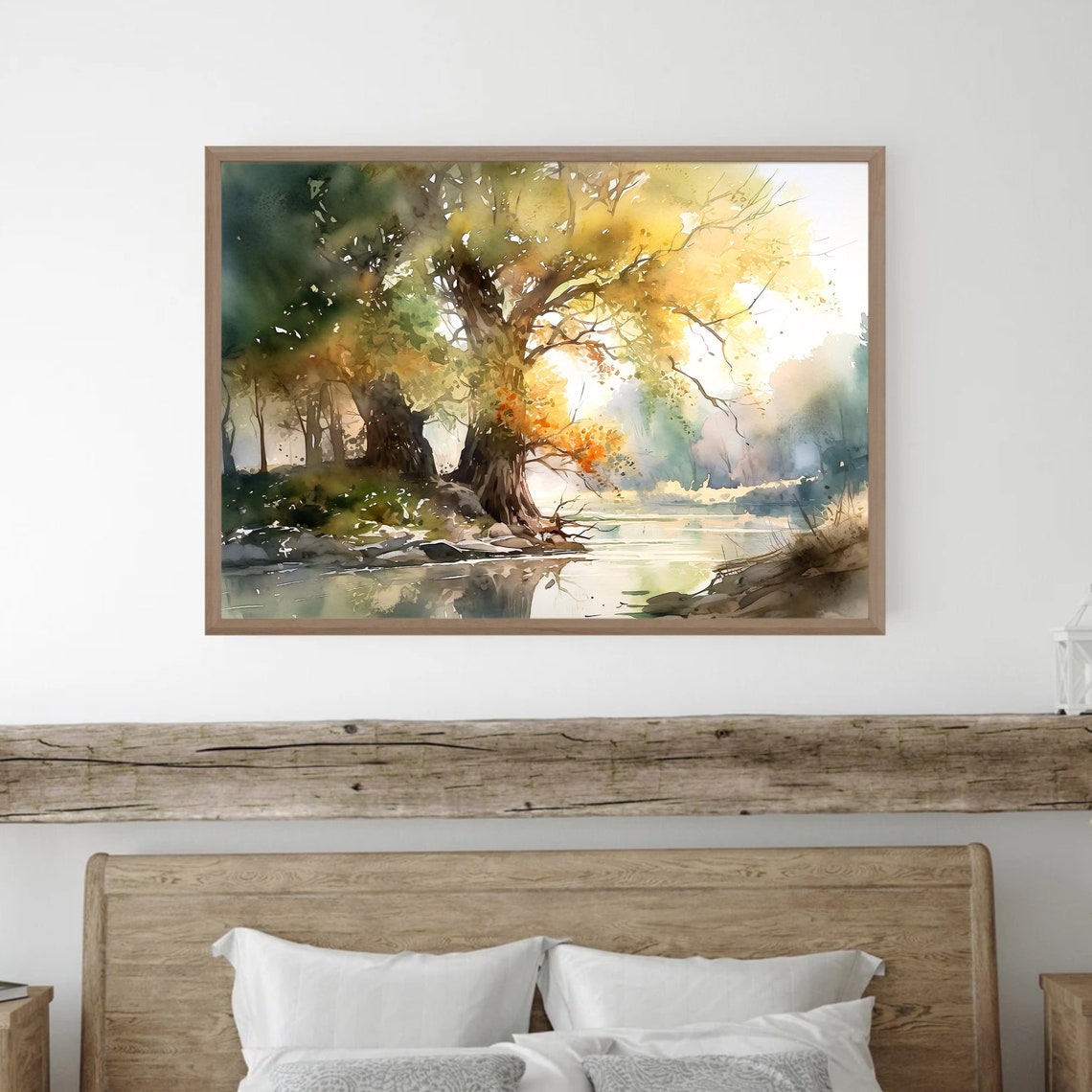 Golden Light Through Riverside Tree Calm Watercolor Art Poster - Image 3