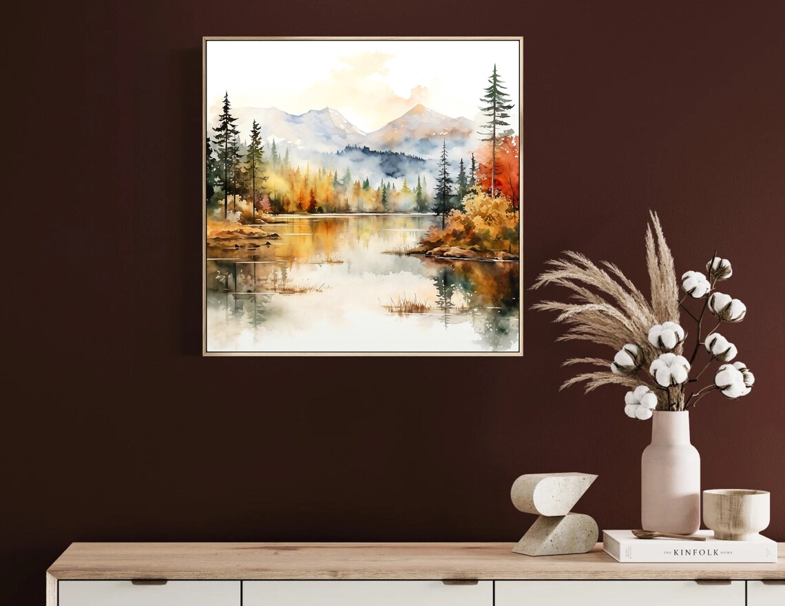 Autumn Lake Golden Foliage Mountain Reflection Watercolor Poster - Image 3