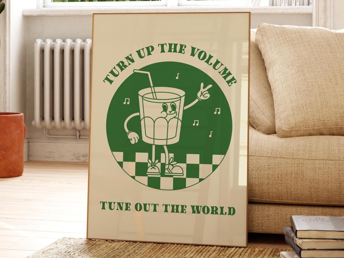 Turn Up The Volume Tune Out The World Retro Drink Cartoon Poster