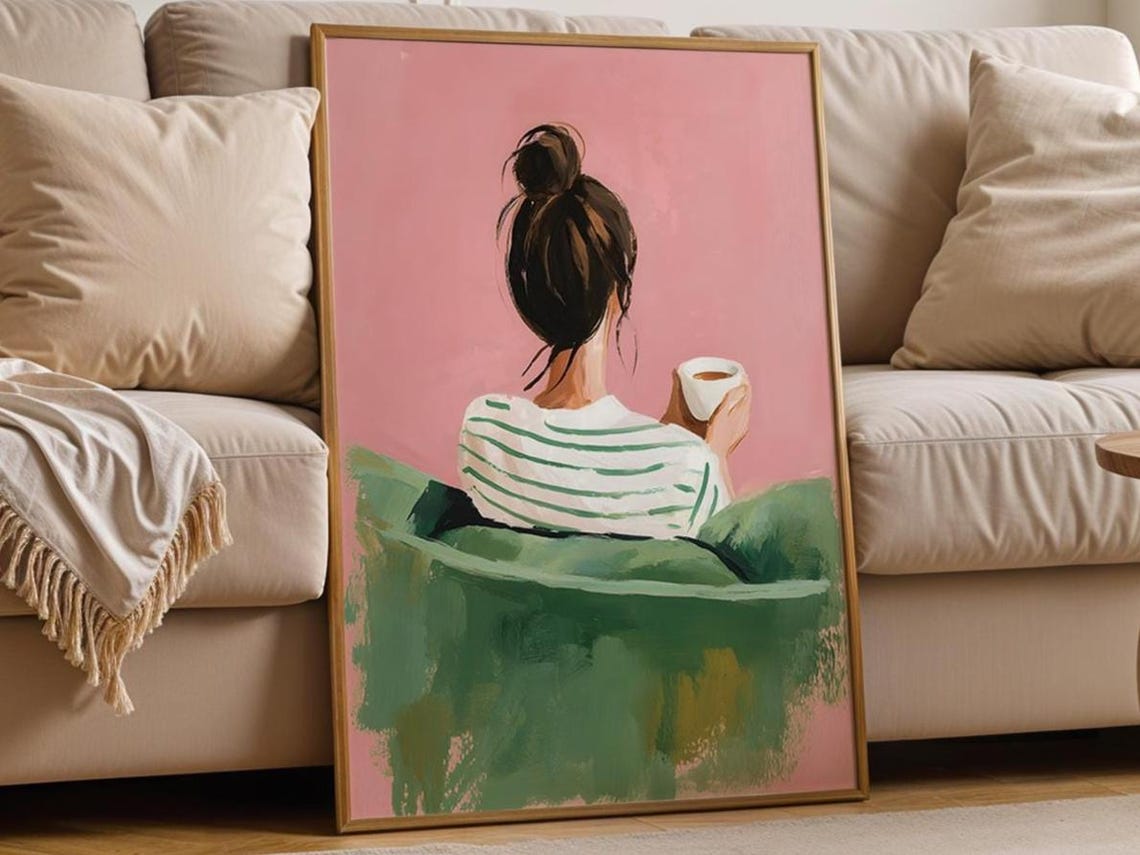 Woman Holding Coffee Cup Illustration Poster Pink Modern Kitchen Art