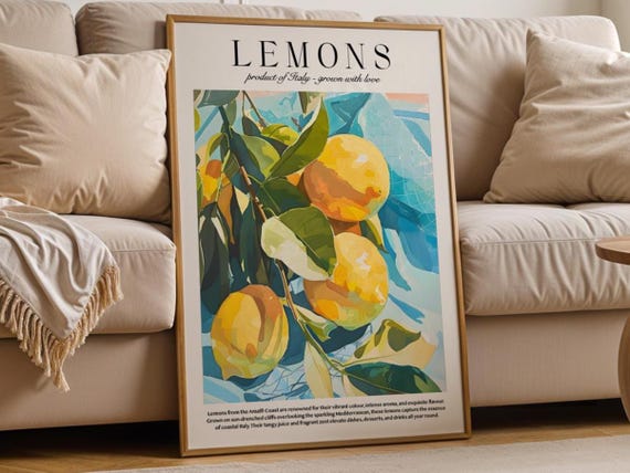 Amalfi Coast Lemon Print Botanical Kitchen Wall Art Mediterranean Decor