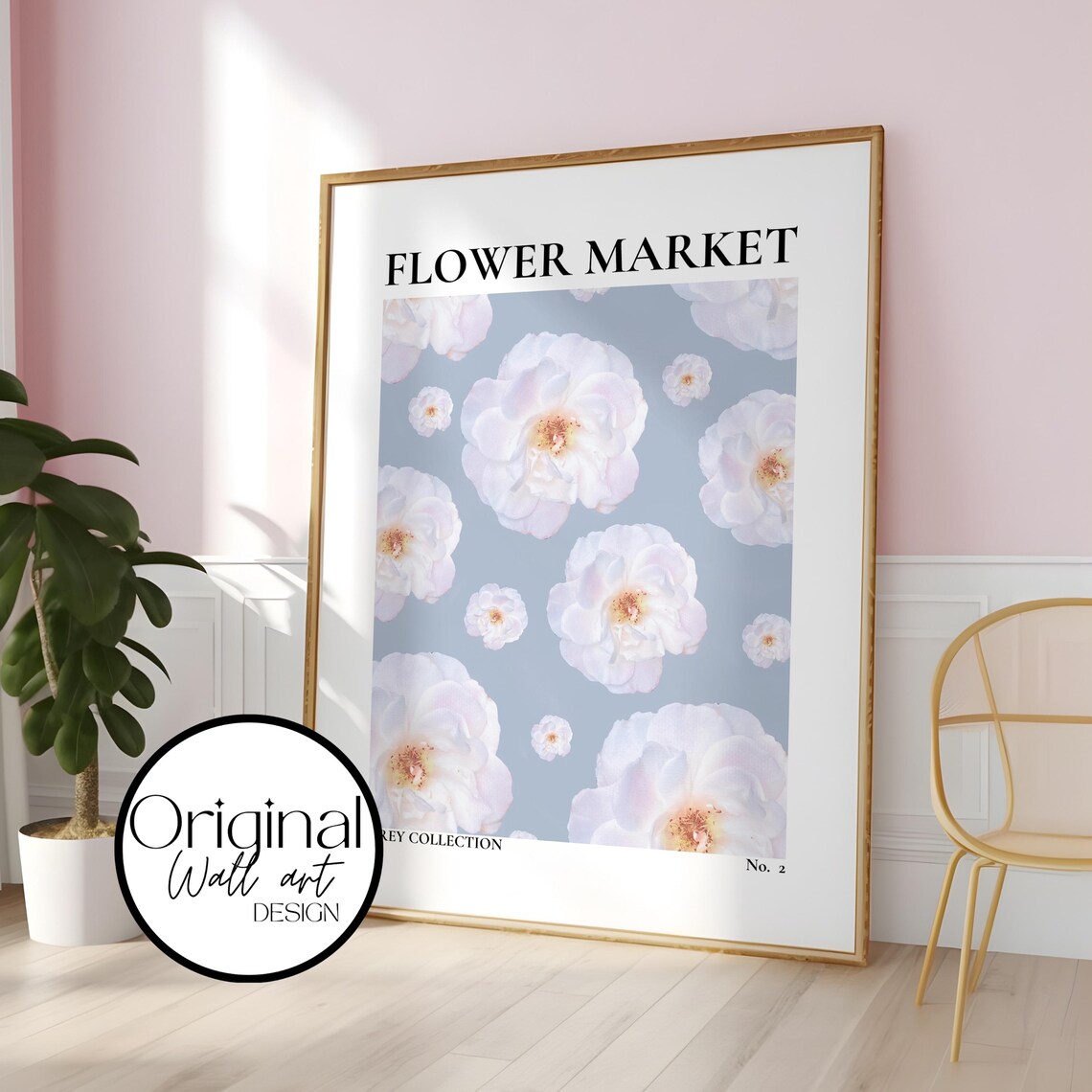 Flower Market Pale Pink Blossoms On Grey Blue Background No 2 Poster