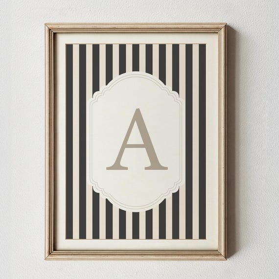 Striped Initial Print Personalized Baby Gift Artwork Modern Nursery Art Black Custom Monogram