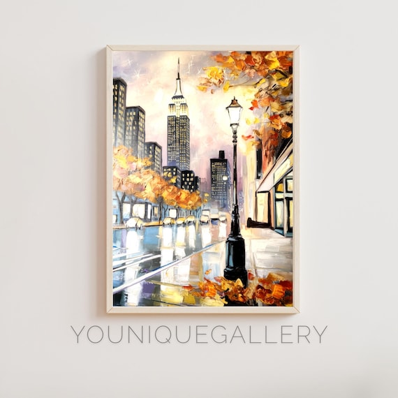 New York City Autumn Empire State Building Rainy Street Painting Poster
