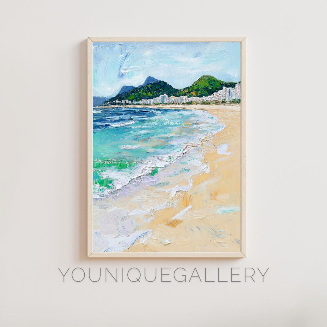 Copacabana Beach Rio Golden Sand Turquoise Waves Mountains Oil Poster