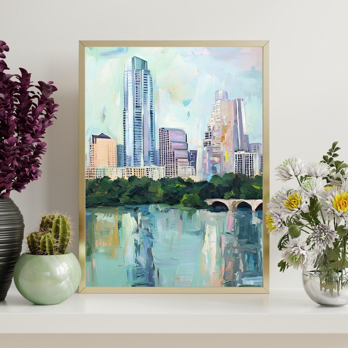 Austin Lady Bird Lake Skyline Bridge Reflection Green Trees Oil Poster - Image 4