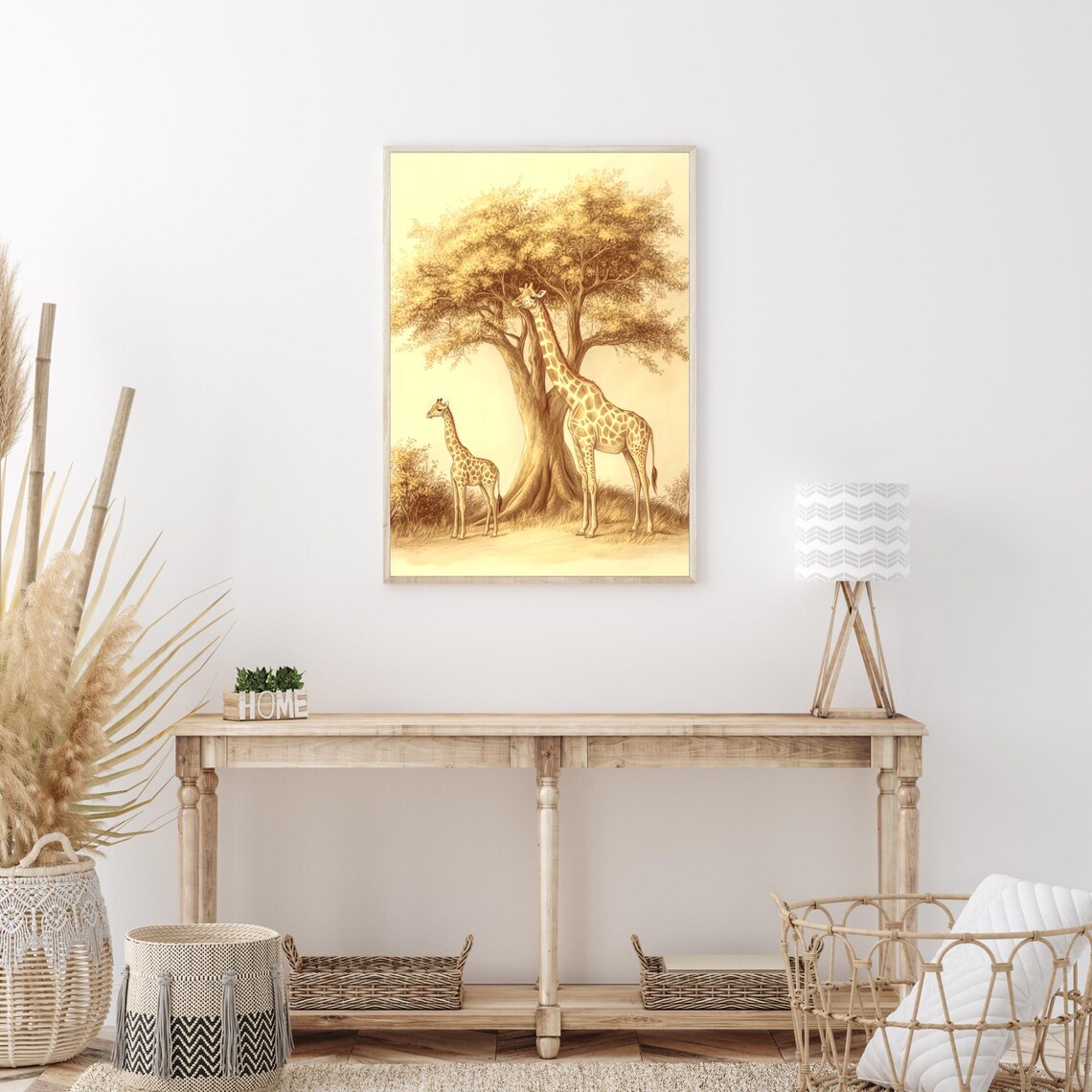 Giraffe Pair Under Acacia Tree Sepia Sketch Safari Animal Wall Art - Image 3