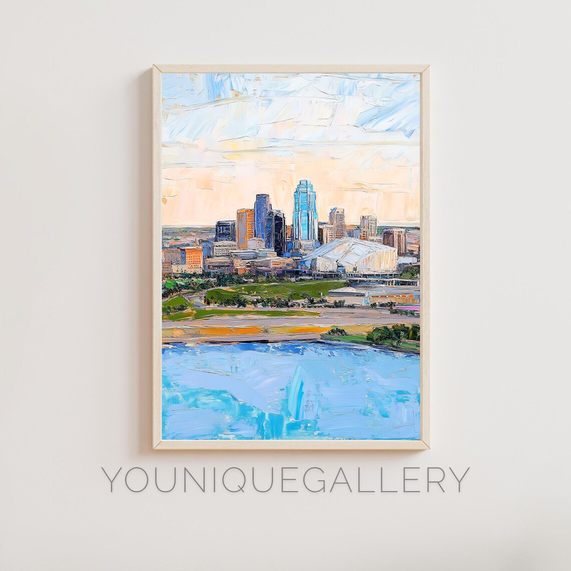 Kansas City Missouri Downtown Skyline River Oil Painting Poster