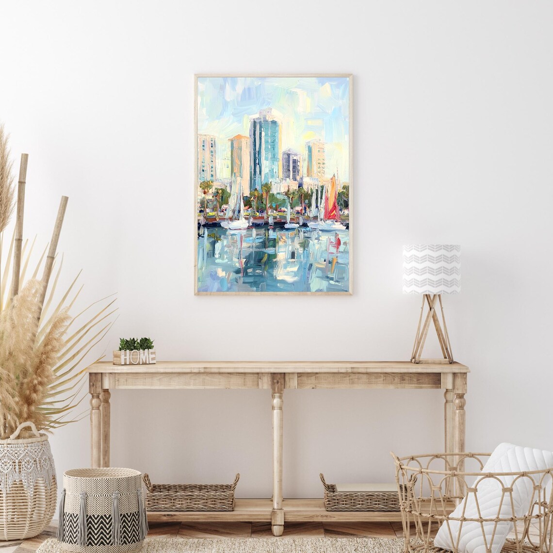 Long Beach California Marina Sailboat Skyline Oil Painting Poster - Image 3