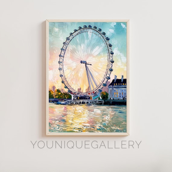 London Eye Sunset Thames River Golden Sky Impasto Oil Art Poster