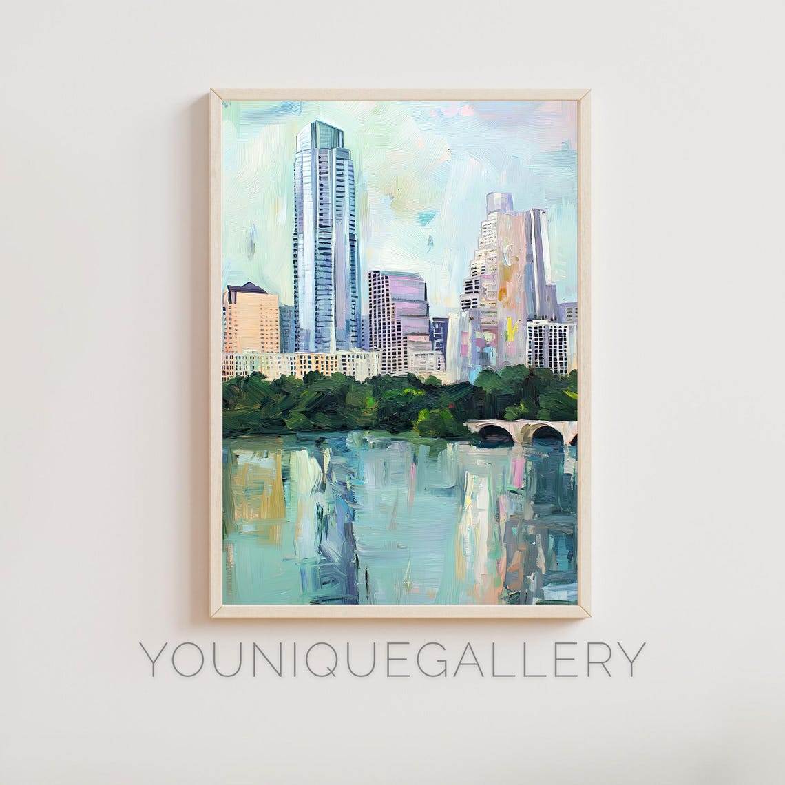 Austin Lady Bird Lake Skyline Bridge Reflection Green Trees Oil Poster