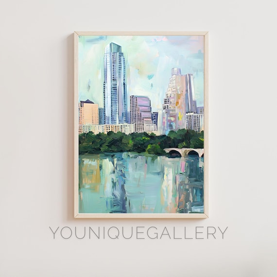 Austin Lady Bird Lake Skyline Bridge Reflection Green Trees Oil Poster