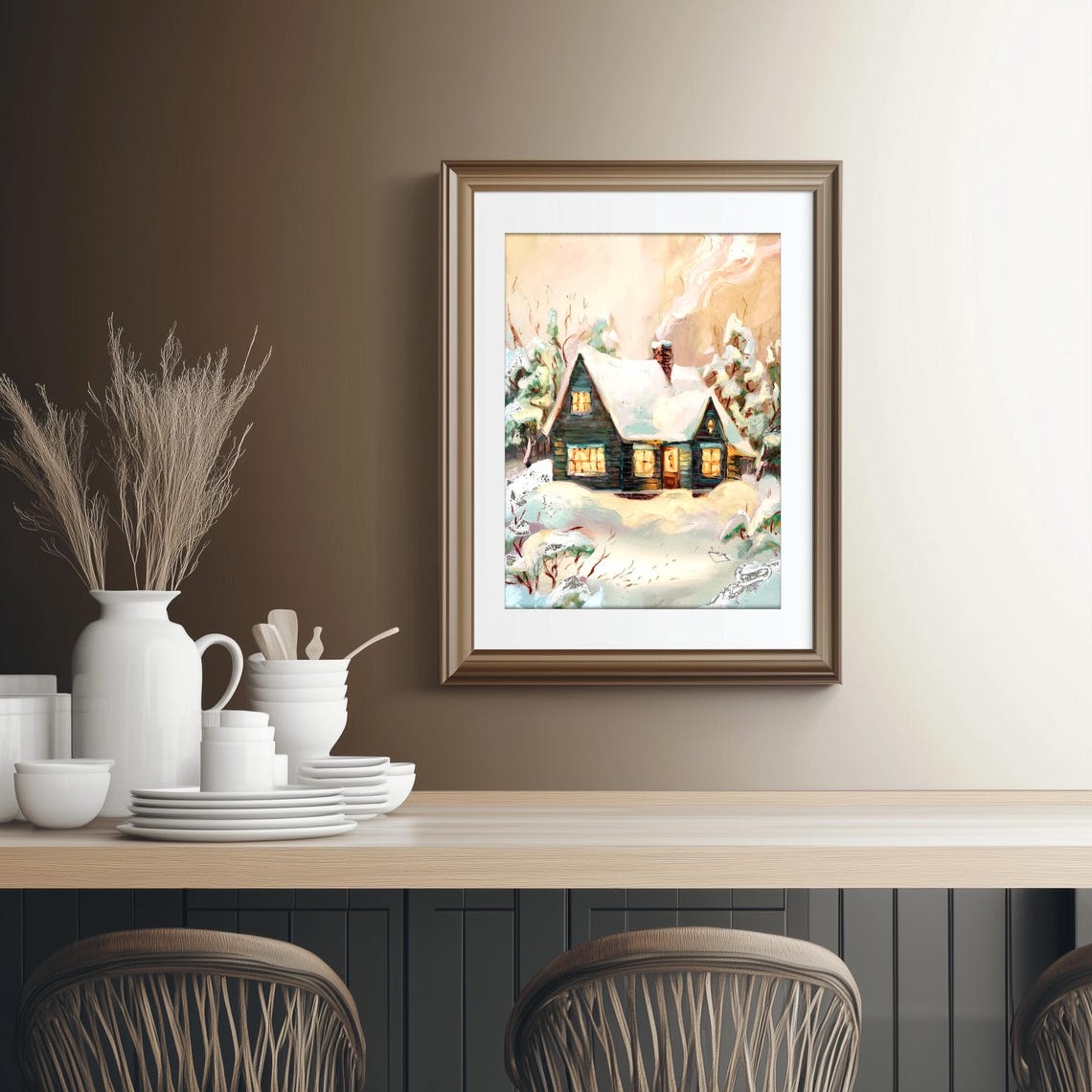 Cozy Snowy Cabin with Glowing Windows Winter Landscape Poster - Image 2