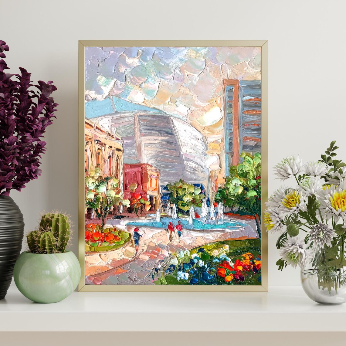 San Jose Stadium Fountain Plaza Flowers City View Impasto Oil Poster - Image 4