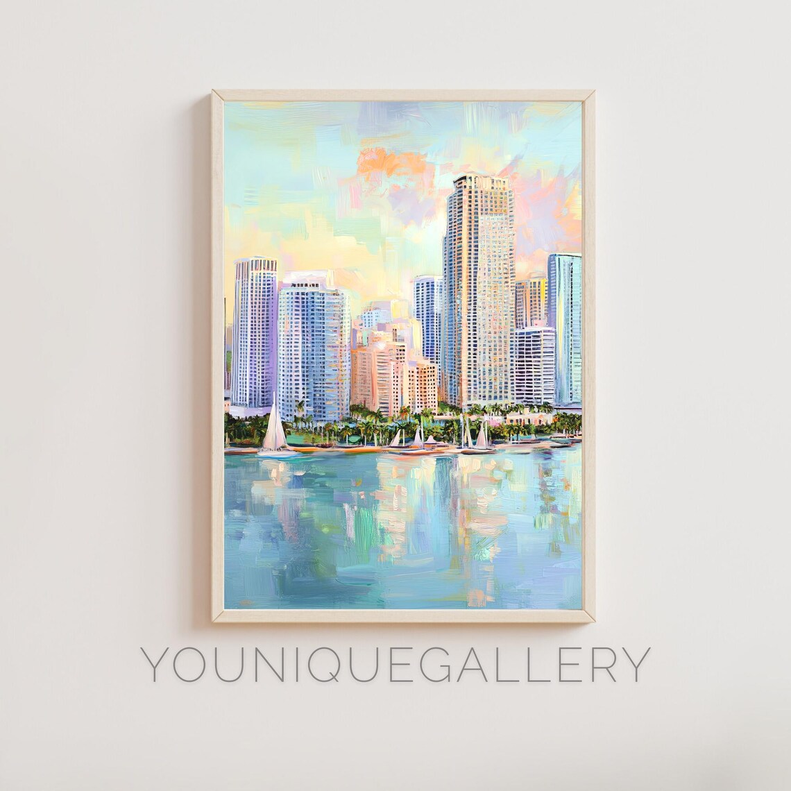 Miami Florida Coastal Skyline Sailboat Bay Sunset Oil Painting Poster