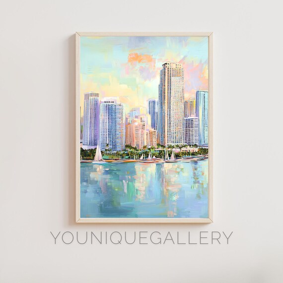 Miami Florida Coastal Skyline Sailboat Bay Sunset Oil Painting Poster