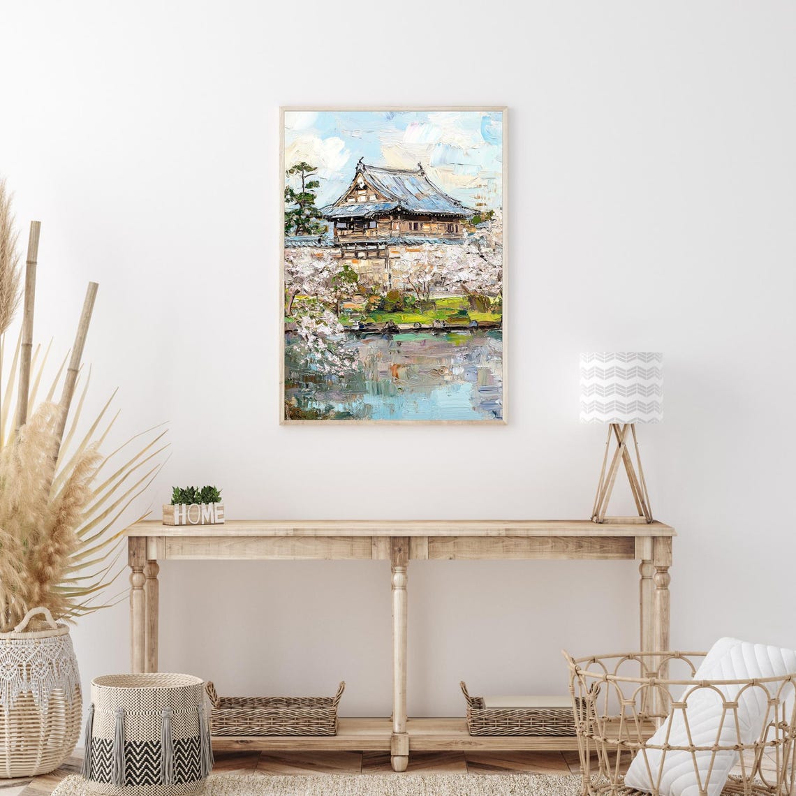 Japanese Temple Cherry Blossom Pagoda Spring Pond Oil Painting Poster - Image 3