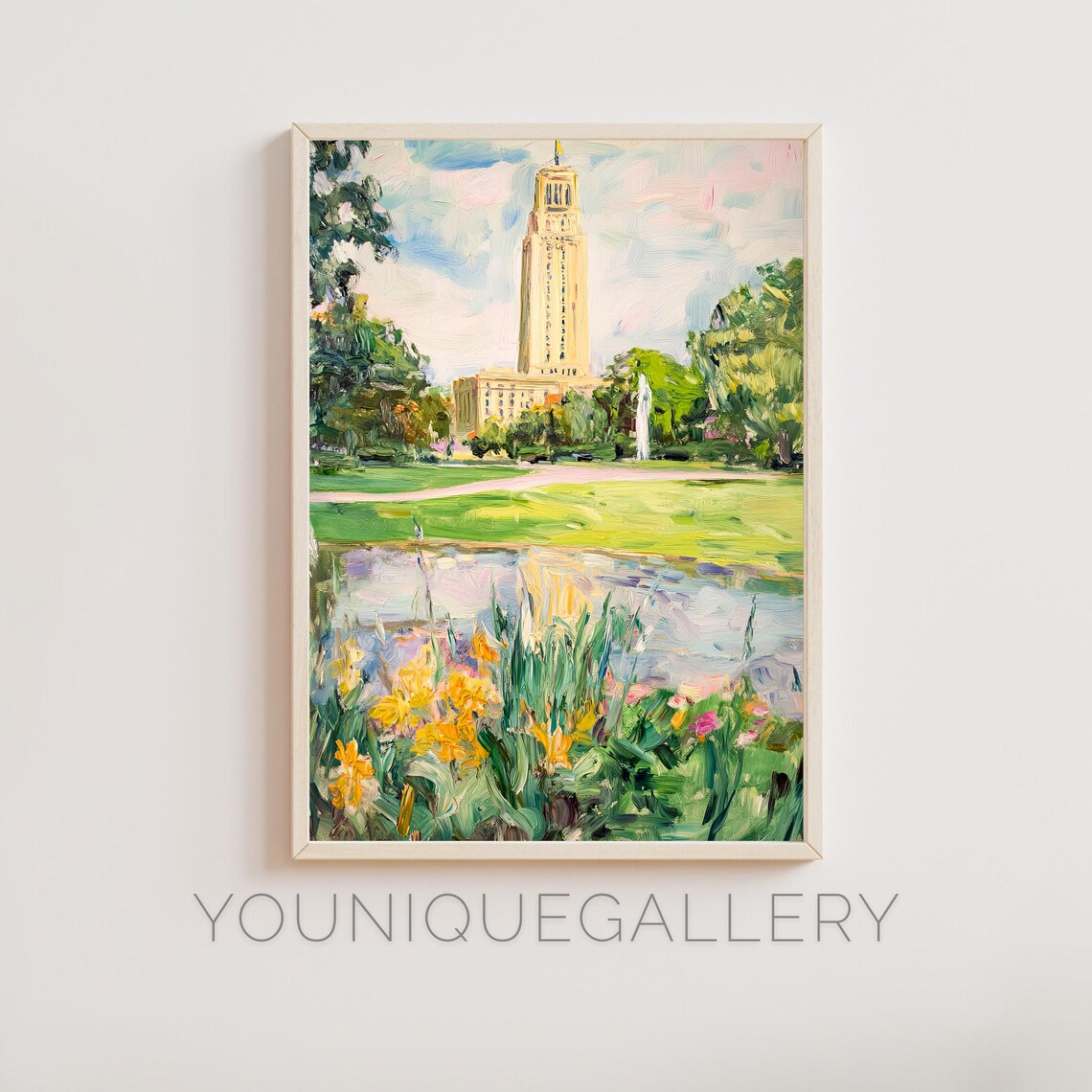 University Clock Tower Campus Pond Flower Garden Oil Painting Wall Art