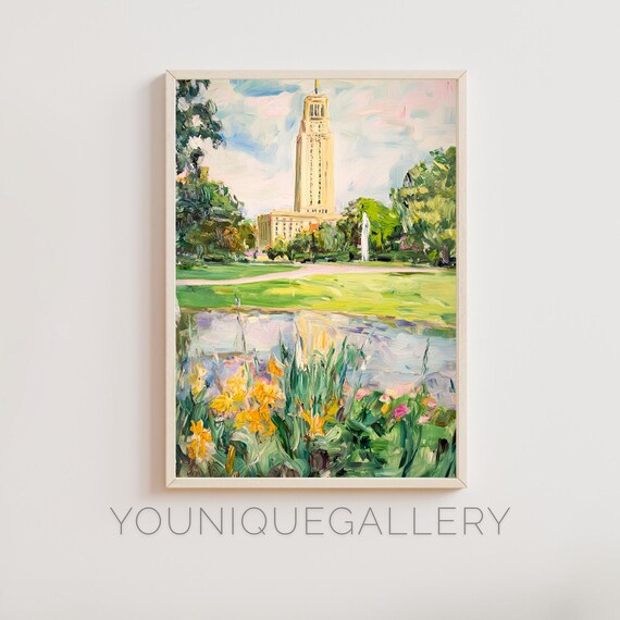 University Clock Tower Campus Pond Flower Garden Oil Painting Wall Art