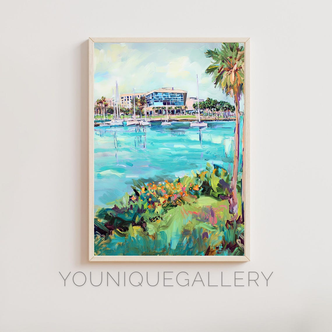 Waterfront Marina Palm Trees Sailboats Tropical Impressionist Wall Art