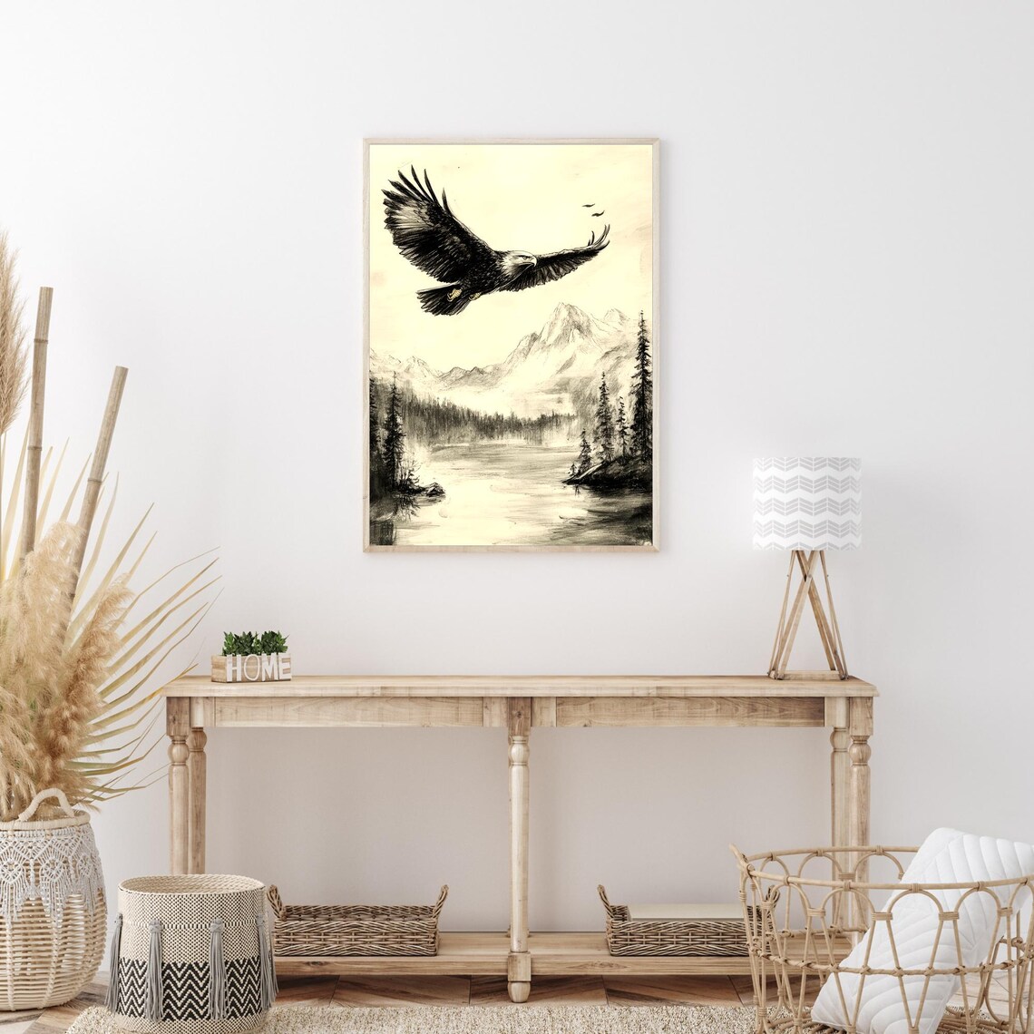 Bald Eagle Soaring Over Mountain Lake Ink Sketch Wildlife Wall Art - Image 3