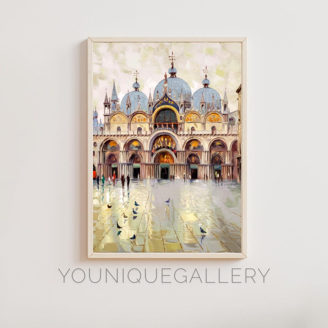 Saint Marks Basilica Venice Pigeons Piazza Golden Hour Oil Art Poster