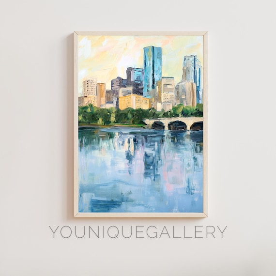 Minneapolis Minnesota Skyline Reflection Bridge Oil Painting Poster
