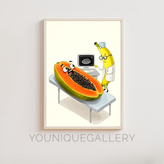 Funny Papaya And Banana Doctor Quirky Fruit Art Kitchen Wall Decor Medical Humor Print Whimsical Food Illustration