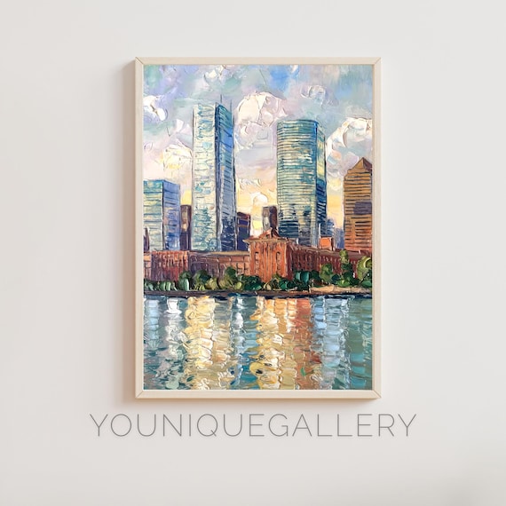 Boston Massachusetts Skyline Water Reflection Oil Painting Poster