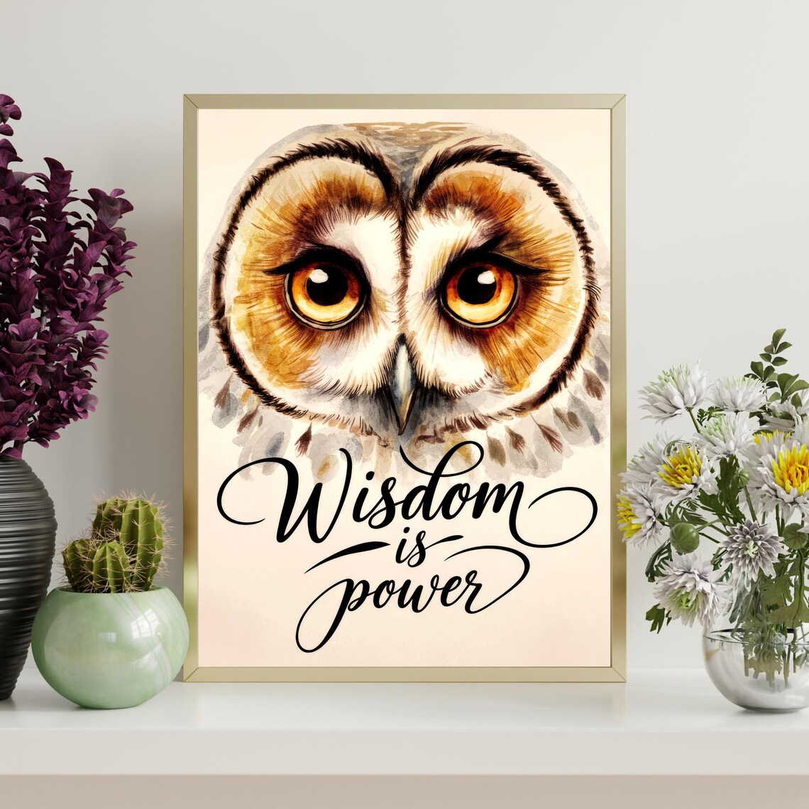 Wisdom Is Power Owl Face Watercolor Inspirational Quote Poster