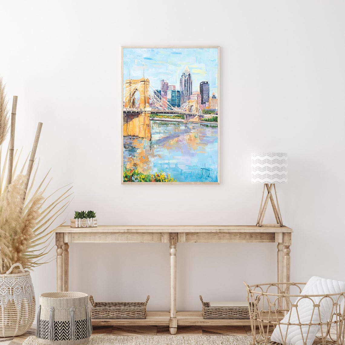 Suspension Bridge Riverfront Skyline Impressionist Oil Wall Art - Image 3