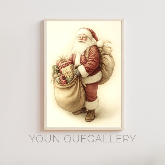 Vintage Santa Claus With Big Sack of Gifts Christmas Art Poster