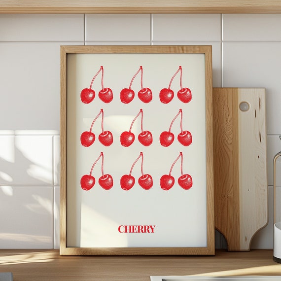 Cherry Art Print Bright Red Cherry Wall Decor For Kitchen Modern Fruit Illustration For Retro Cottagecore Or Farmhouse Style Homes