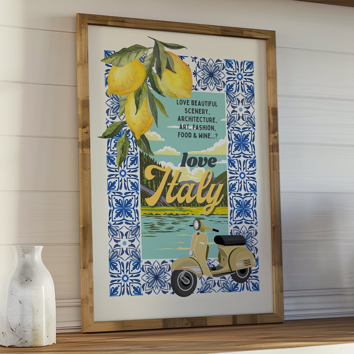 Vintage Love Italy Lemons Mediterranean Tiles Vespa Travel Poster