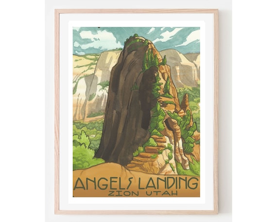 Angels Landing Zion Utah Towering Cliff Green Vintage Travel Poster