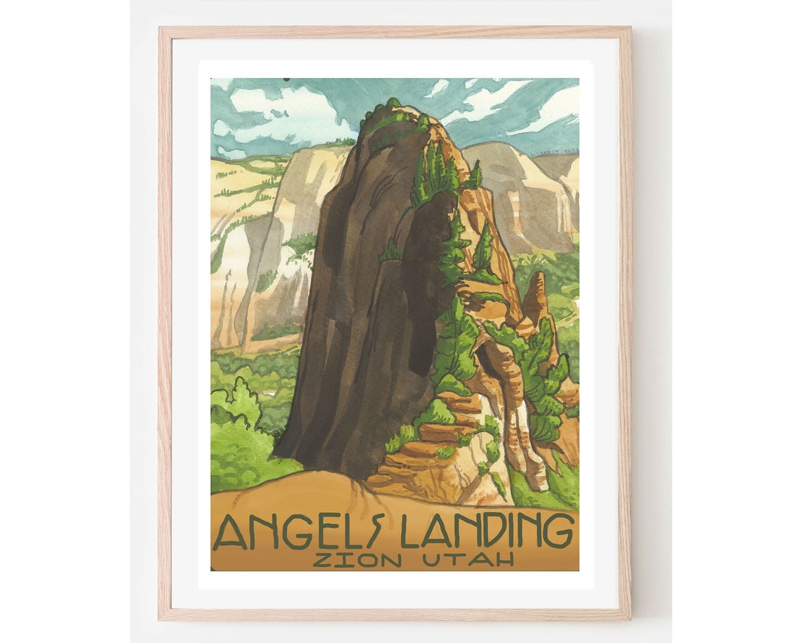 Angels Landing Zion Utah Towering Cliff Green Vintage Travel Poster