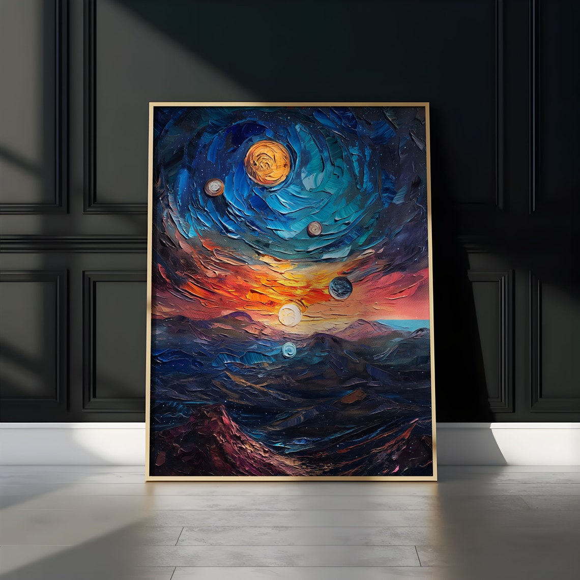 Blue Spiral Galaxy Orange Sun Ocean Waves Impasto Art Poster - Image 2