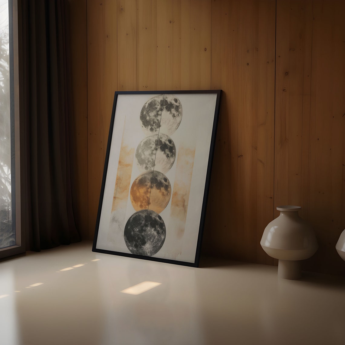 Stacked Full Moons Orange Gray Seam Line Watercolor Wall Art - Image 2