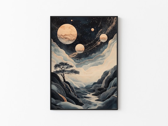 Four Gold Moons Galaxy Canyon Twin Pines Night Valley Art Poster