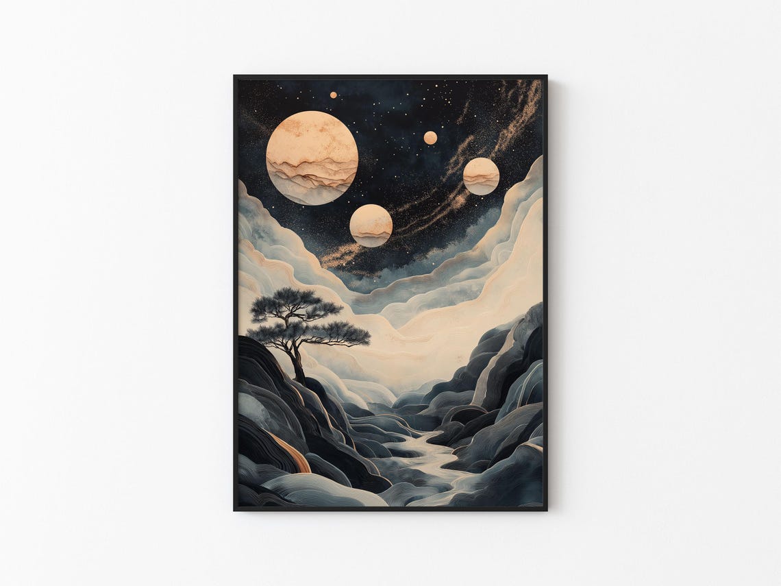 Four Gold Moons Galaxy Canyon Twin Pines Night Valley Art Poster