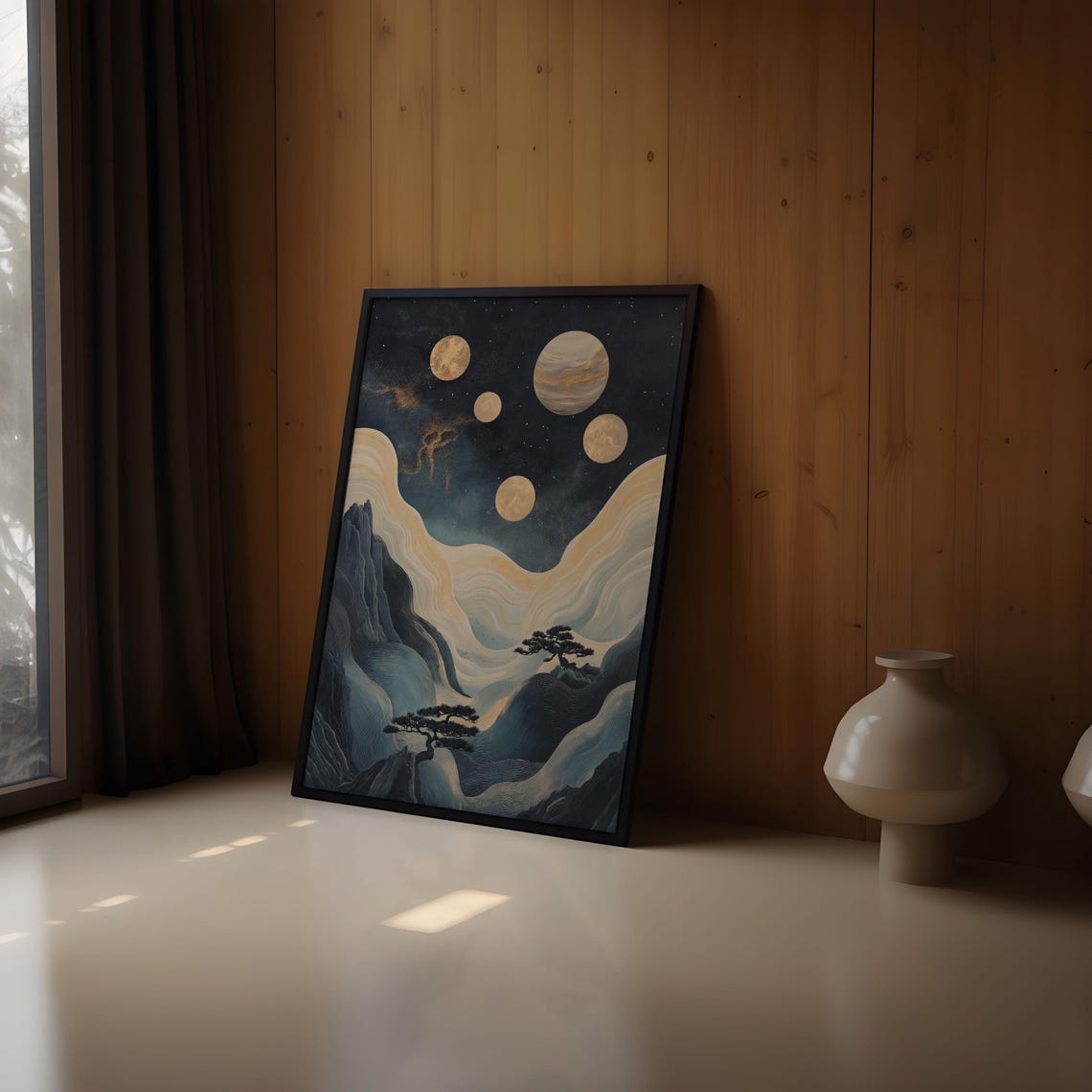 Five Golden Moons Flowing Mountain Waves Bonsai Pines Night Sky Poster - Image 2