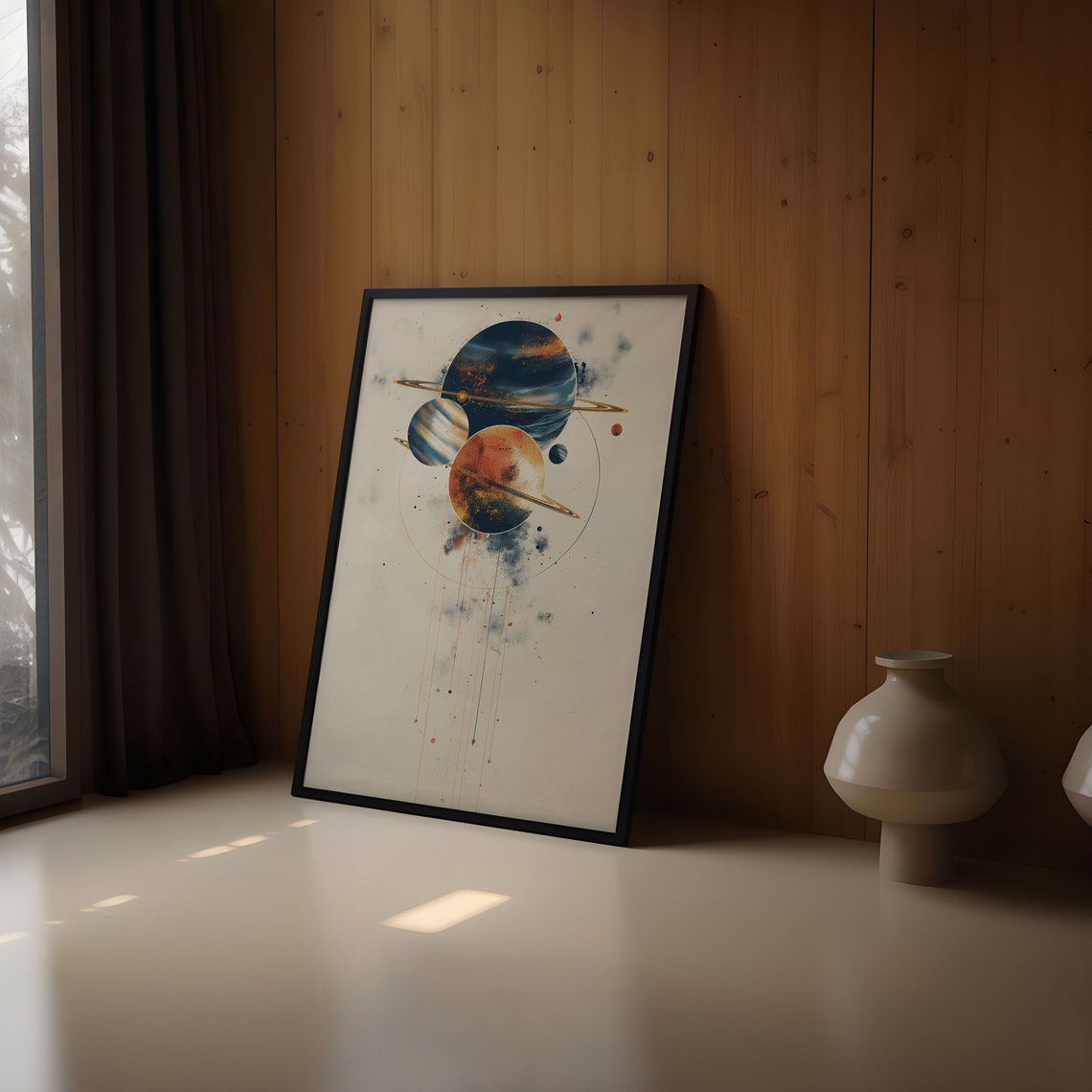 Clustered Ringed Planets Watercolor Drip Minimalist Wall Art - Image 2