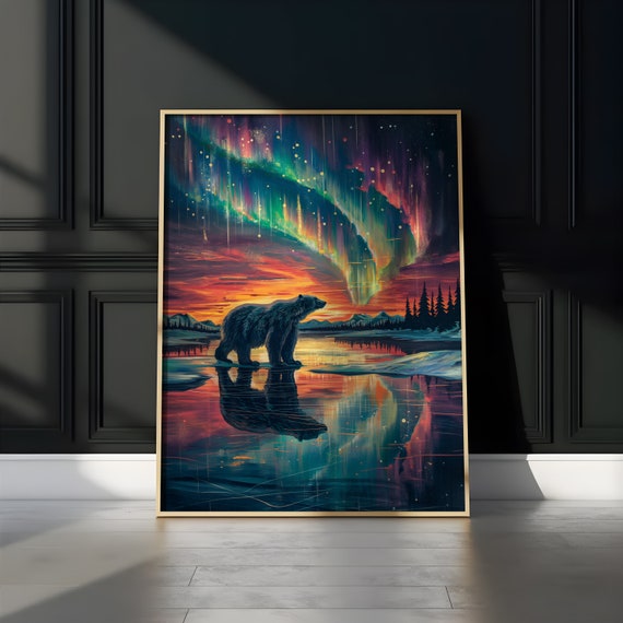Aurora Borealis Wilderness Northern Lights Instant Art Poster Polar Bear Versatile Sizes Colorful Print 1