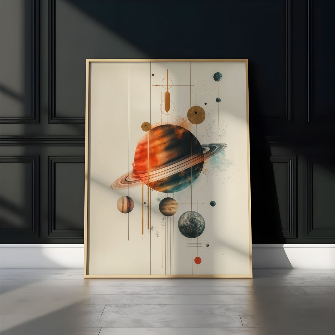 Big Bold Red Saturn Planet Geometric Watercolor Abstract Wall Art - Image 3